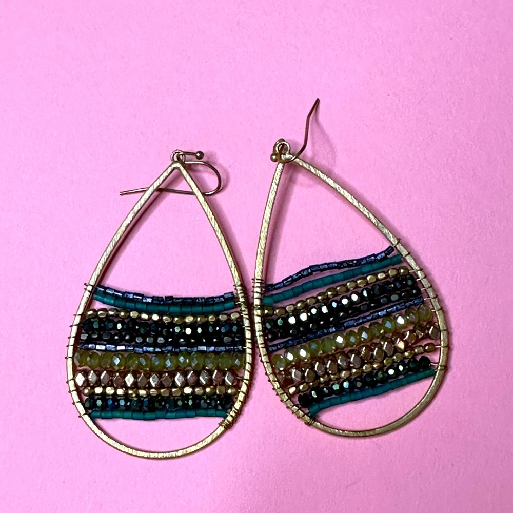 Green blue and gold teardrop earrings